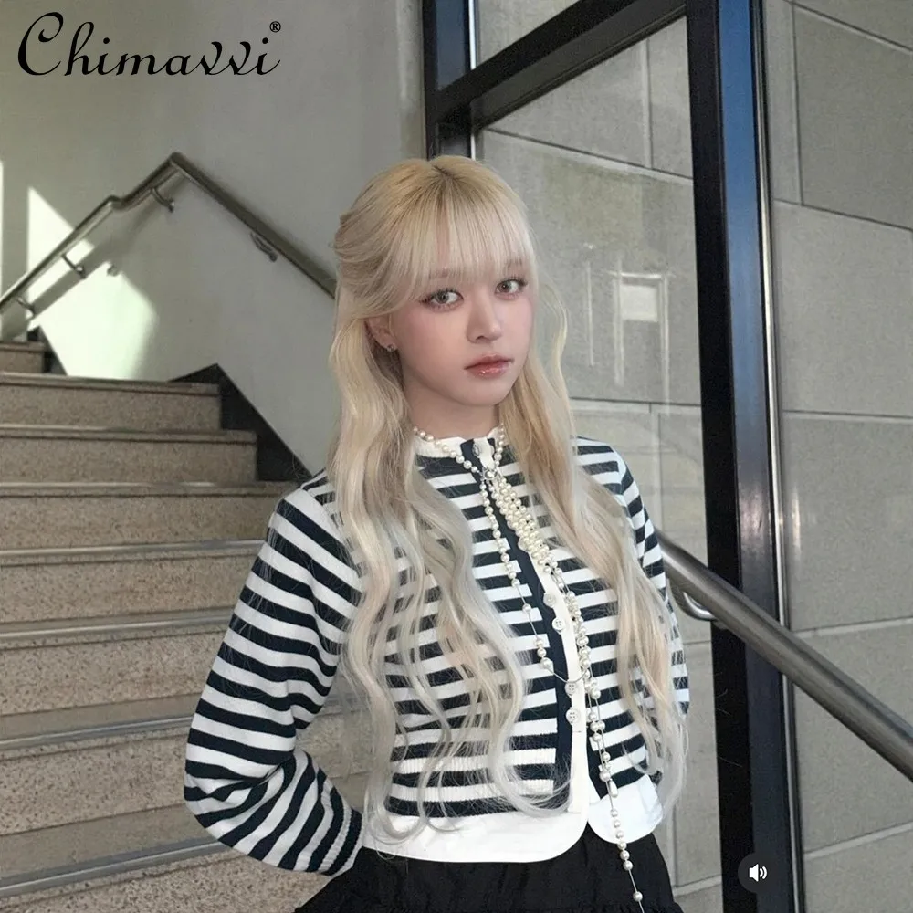 

Japanese Style Shirt Spliced Elegant Ribbon Sleeve Striped Long Sleeve Knitted Top Women Spring Fashion Elegant Women's Cardigan