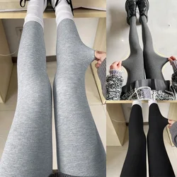 Women High-Stretch Leggings Vertical Stripes Winter Plush Thicken Cotton Tights Spring Autumn Gray Black Warm Hip-lifting Pants