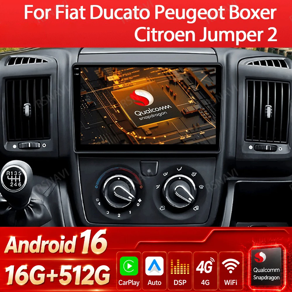 Radio para coche Android 16 para Fiat Ducato 3 2006 - 2022, reproductor estéreo multimedia con Carplay, GPS, navegador, Bluetooth, cámara 360, 4G, WIFI, QLED, DSP