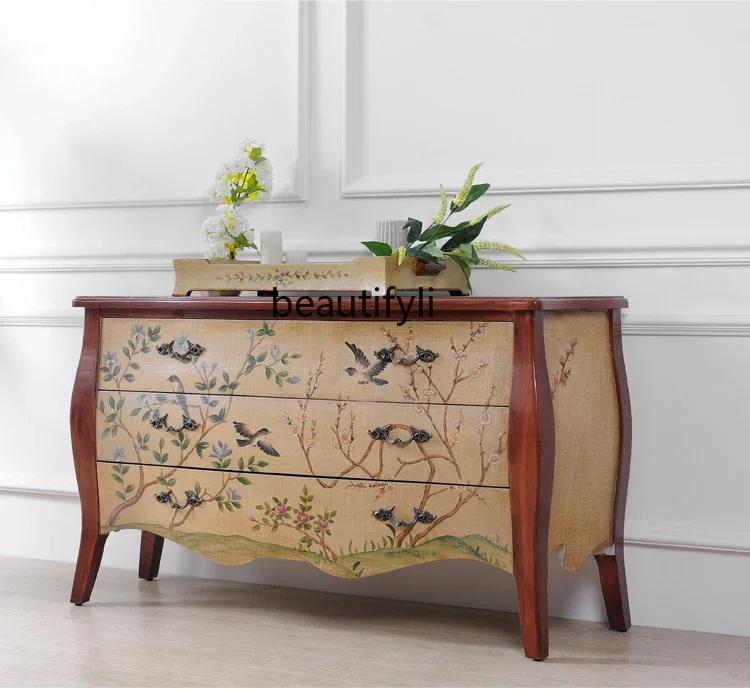 Classical Hand-Painted Colorful Beige Hallway Corridor Bedroom Sofa Side Entryway Storage Cabinet