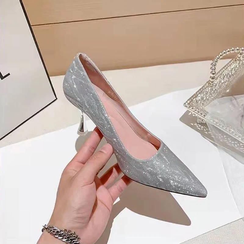 2022 Shiny Shoes Women Sandals Elegant Pointed Toe Slingback Summer Office Lady Shoes Fashion High Heels Gladiator Sandals Woman