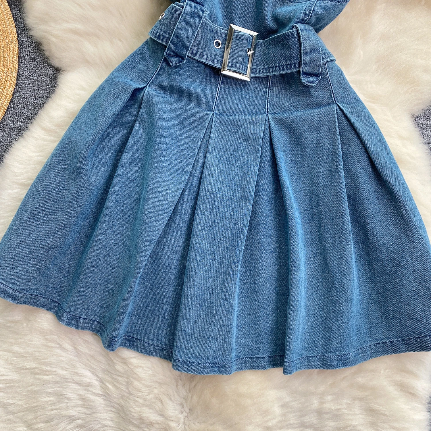 Women Preppy Style Jeans Dresses Sleeve  Square Collar Belt Slim Waist Denim A-line Mini Dress Vestidos Ruffle Clothing