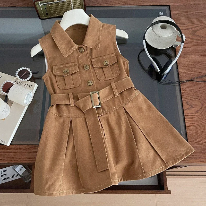 2025 Summer New Girls Denim Dress Belt Decoration Lapel Collar Sleeveless Tutu Princess Dress For 2 -10 Years Kids Fashion Dress