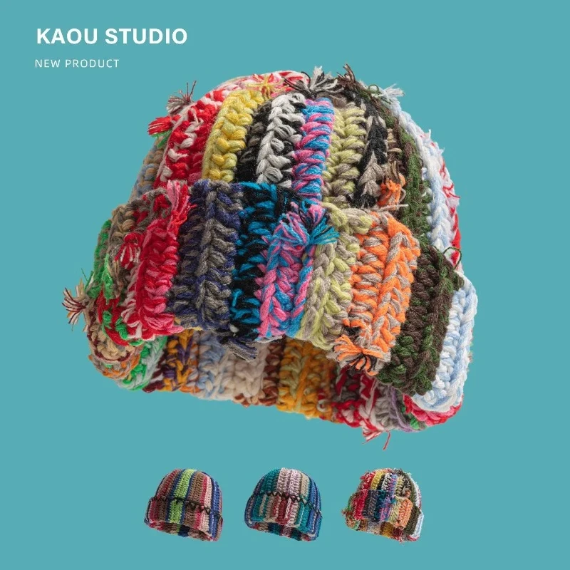 

Новые вязаные крючком цветные полосатые пуловеры ручной работы для мужчин и женщин, зимние теплые универсальные вязаные шапочки в стиле ретро с толстой нитью