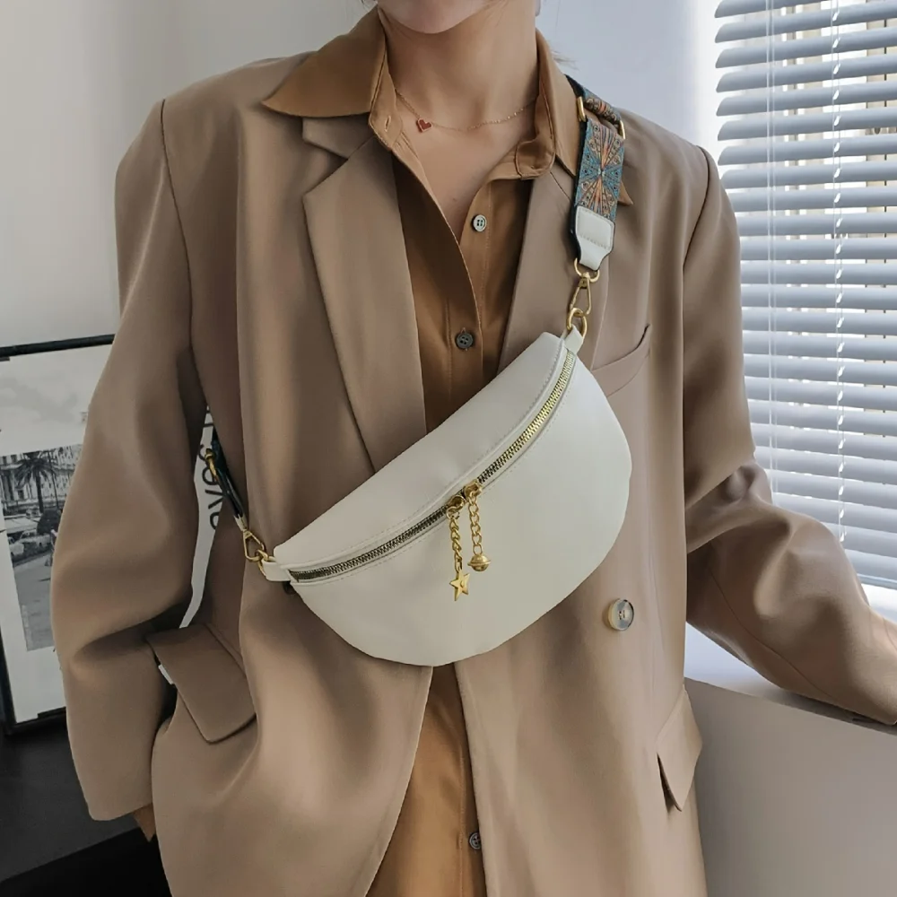 

Solid Color Zipper Fanny Pack, Cool Sling Chest Bag, Portable Wide Strap Crossbody Purse Vip luxury designer bag Raffia