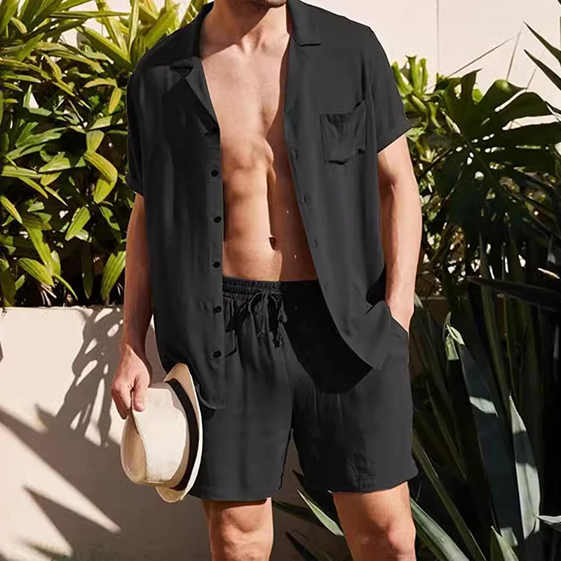 ชุดผ้าลินินสองชิ้นลําลองสําหรับบุรุษพร้อมเสื้อเชิ้ตติดกระดุมแขนสั้นและกางเกงขาสั้นเอวยางยืดสีทึบ