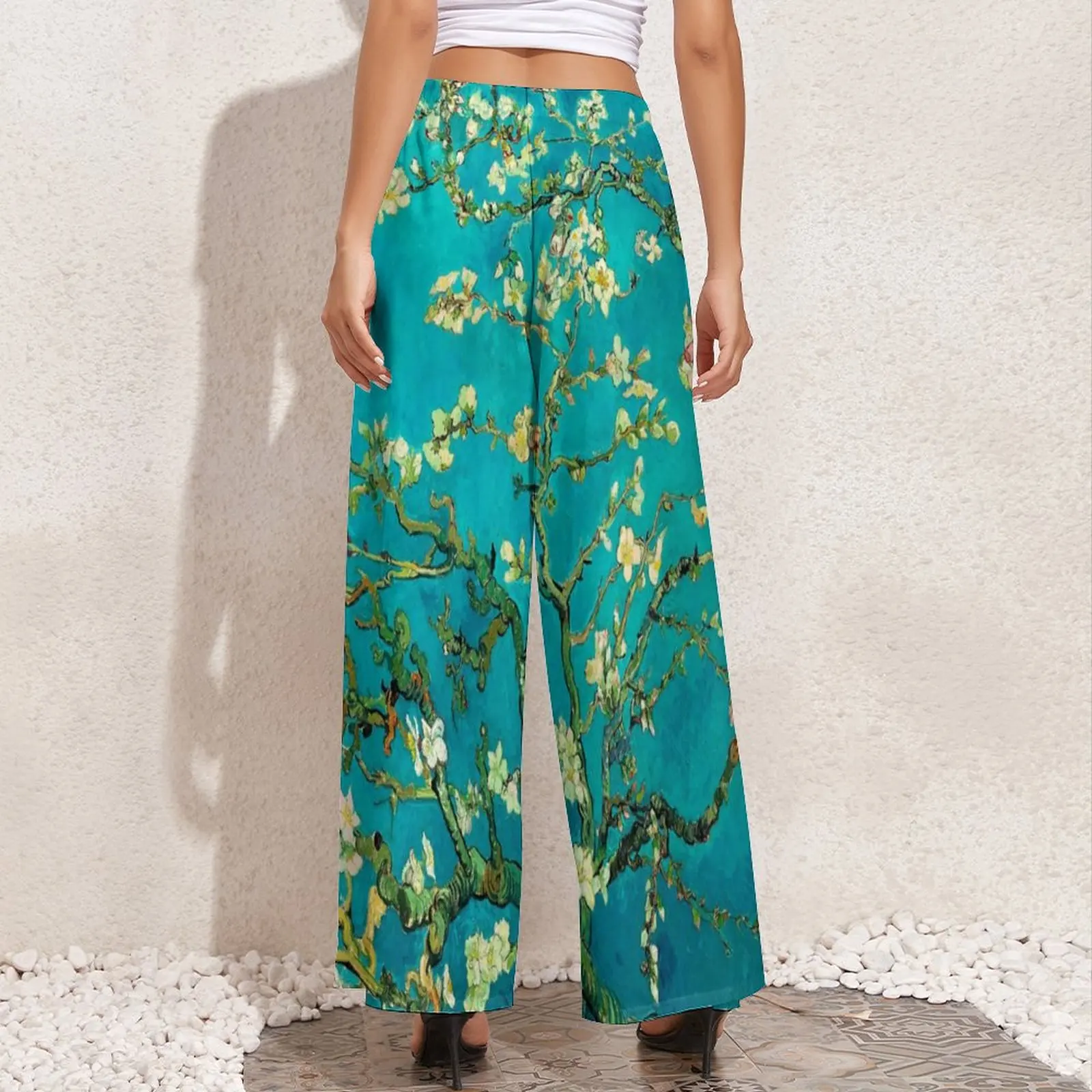 Van Gogh Pants Ladies Almond Tree Floral Art Korean Fashion Trousers Elastic Waist Trendy Wide Leg Pants Gift