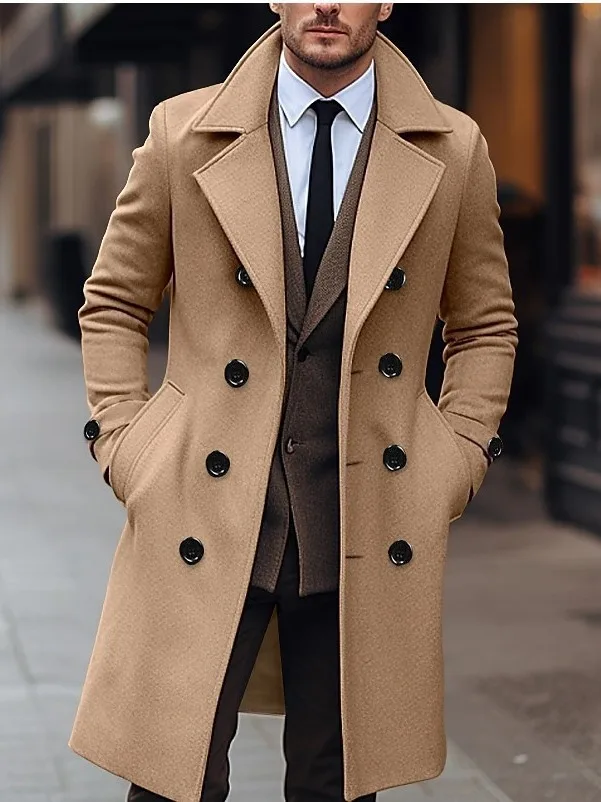 

Autumn Wool Blend Trench Coat Man, Solid Color Thick Men's Long Overcoat, Korean Fit Mid-Length Classic Mans Jackets