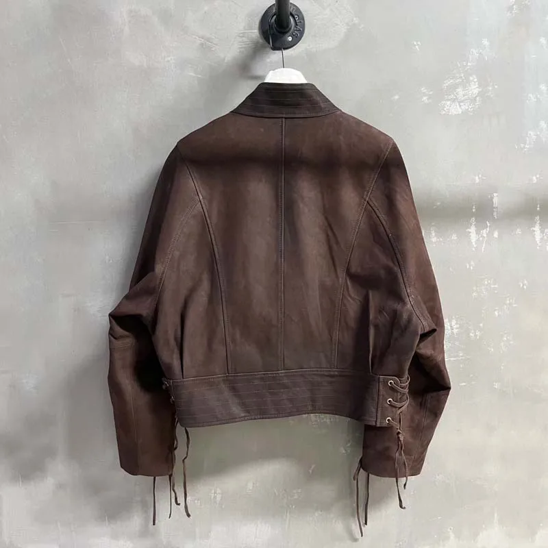 new fashion coat spring autumn 2025 natural real suede leather jacket short length Turkish oil wax skin Tie decoration