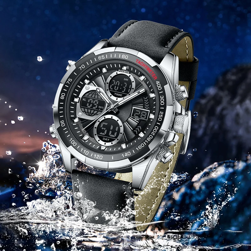 LIGE FOXBOX Electronic Man Watch Fashion Casual Sport Leather Dual Digital Men\'s Watches Waterproof HD Luminous Alarm Date Clock