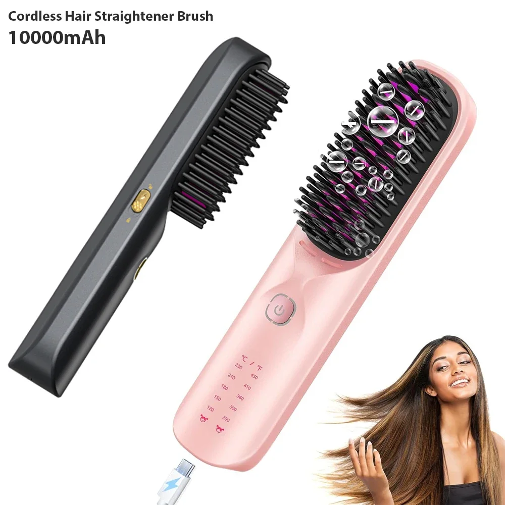 

Cordless Hair Straightener Brush 450°F Adjustable Temp 30s Fast Heating 10000mAh Travel Wireless Straightening Comb Adult Kids