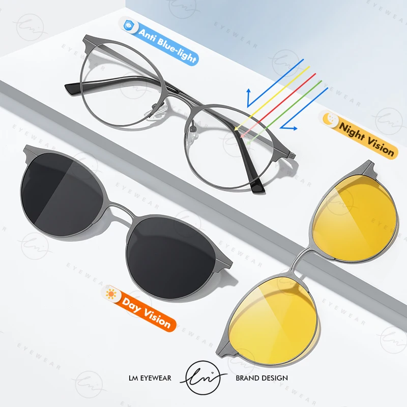 LM Magnet Clip On Glasses 3 In 1 Design Polarized Sunglasses Man Woman Night Vision Clip Eyewear Optical Computer Glasses Unisex