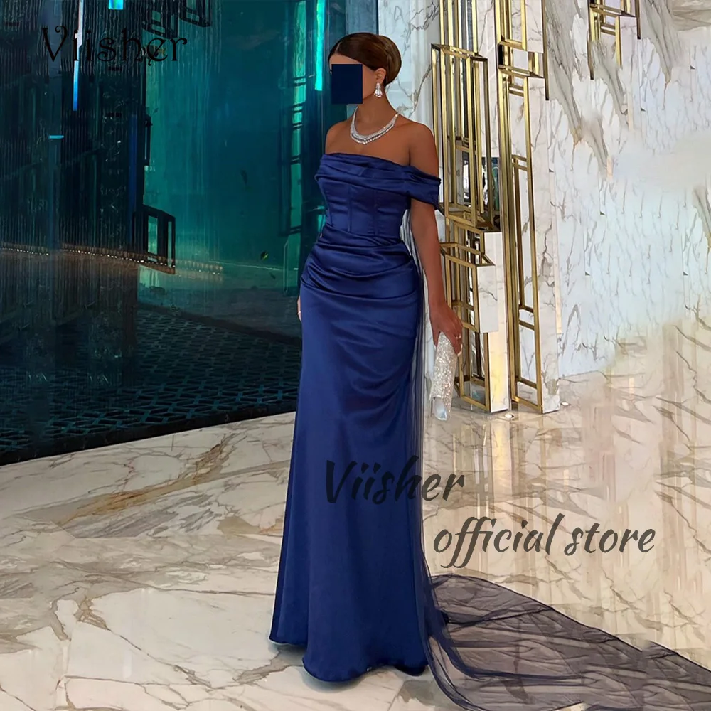 Viisher Navy Blue Satin Mermaid Evening Dresses Off Shoulder Tight Long Women Formal Prom Dress with Train Evening Party Gown