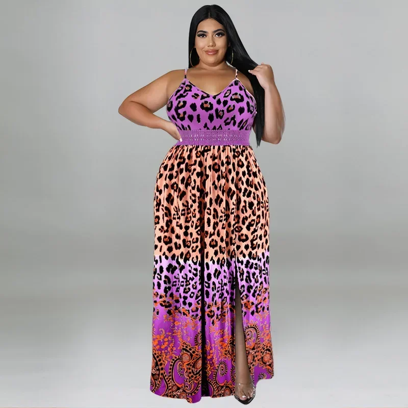 KEXU Plus Size Women's Dresses 2024 Summer New Sexy Bandage Backless Leopard Print Elegant Maxi Dress Fashion Beach Style