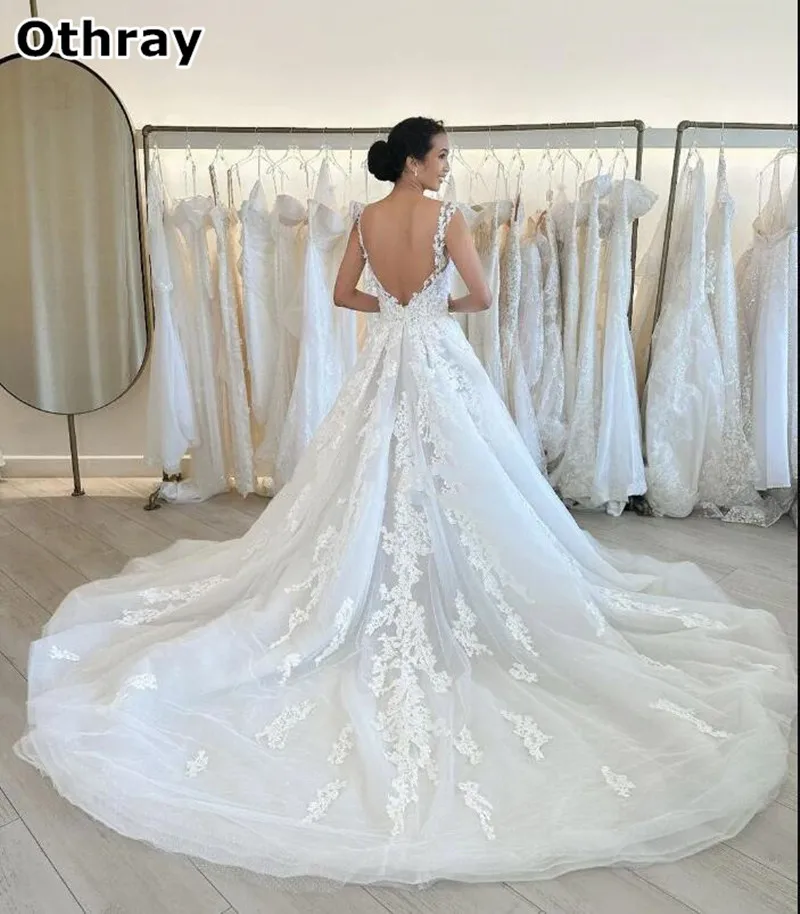 Othray-Robe de mariée en dentelle, vintage, col rond, transparente, pour les patients formels, dos nu, avec traîne, 2025