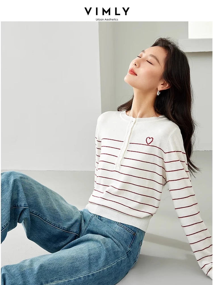 Vimly-Pull en laine mélangée pour femme, haut rayé à manches longues, pulls en tricot à col rond, printemps 2024, 72880