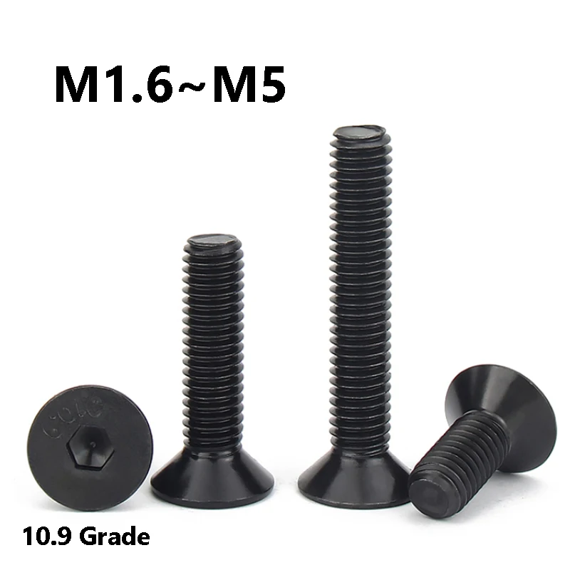 Grade 10.9 Alloy Steel Hex Socket Countersunk Flat Head Screws M1.6 M2 M2.5 M3 M4 M5 Black for 3D Printer Electronics DIY Repair