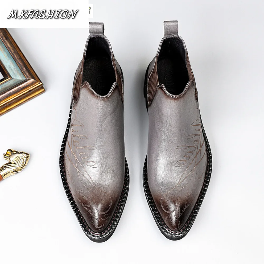 Men Pointed Toe Leather Boots Boots Cowhide Carved Fashion Thick Heel Height Increase