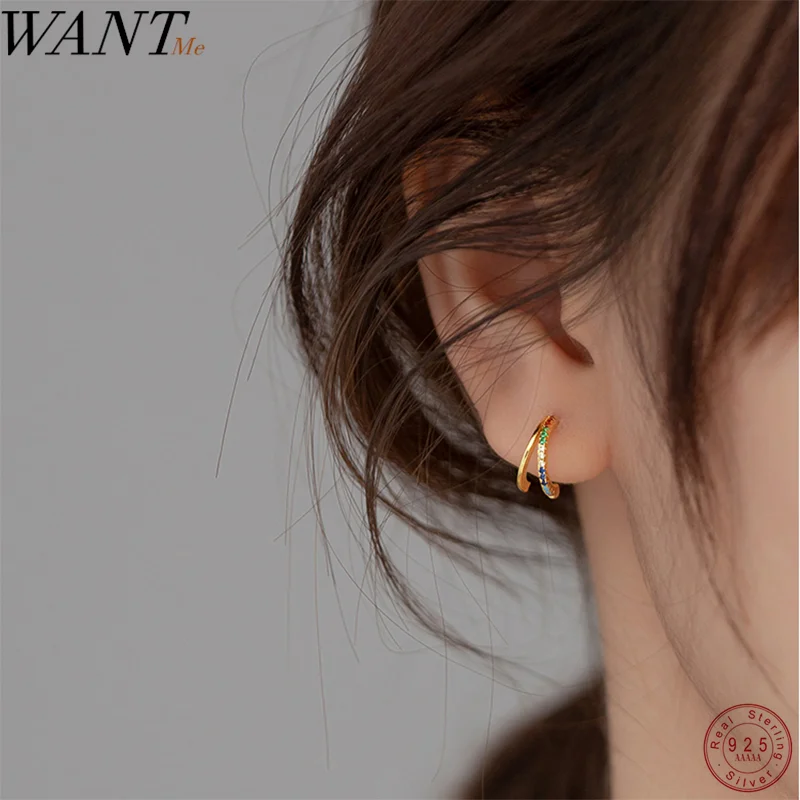 

WANTME 925 Sterling Silver Fashion Simple Colorful Zircon Gold Stud Earrings for Women Unique Elegant Korean Piercing Jewelry