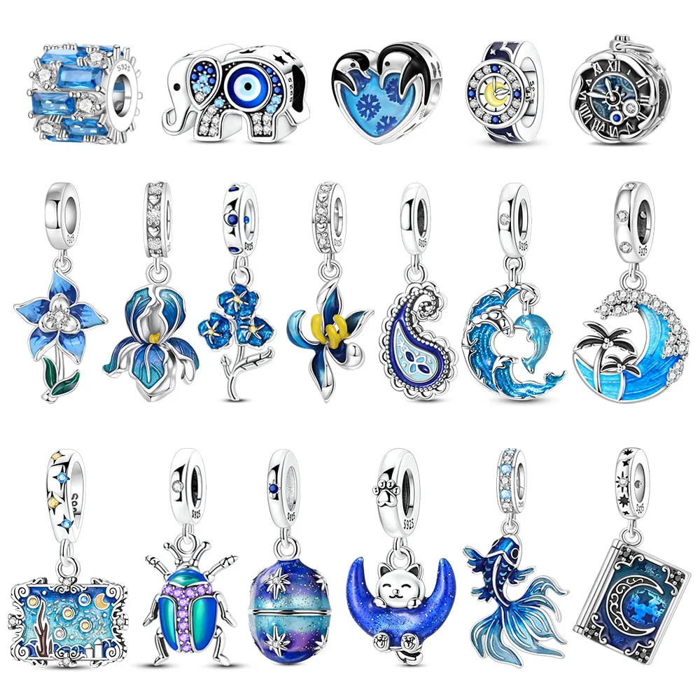 High Quality 925 Sterling Silver Blue Floral Starry Sky Wave Beetle Book Charm Fit DIY Bracelet Necklace Exquisite Gifts