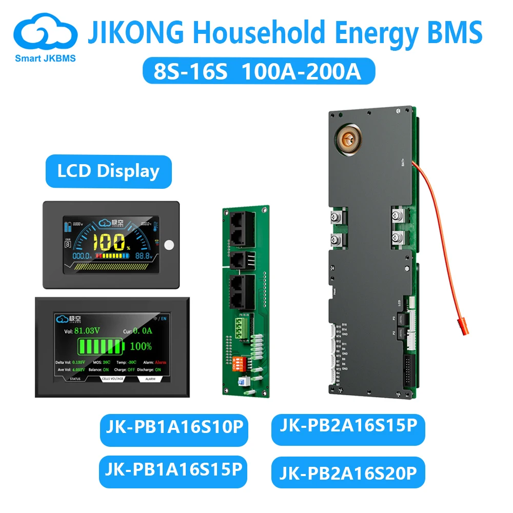 JIKONG BMS 8S-16S 24V 48V Li-Ion LiFePo4 Battery Smart BMS 100A 150A 200A Household Energy BMS to Inverter Active Balancer 1A 2A