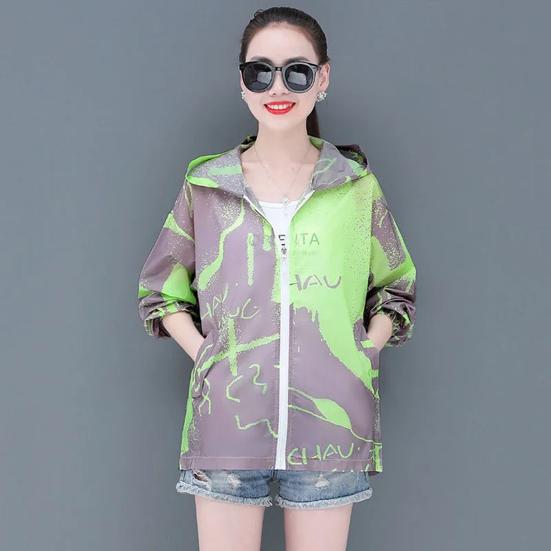 Fashion Women's Sun Protection Jacket Summer Thin Hooded Loose Printing Color Matching Outdoor Breathable Female Short Coat