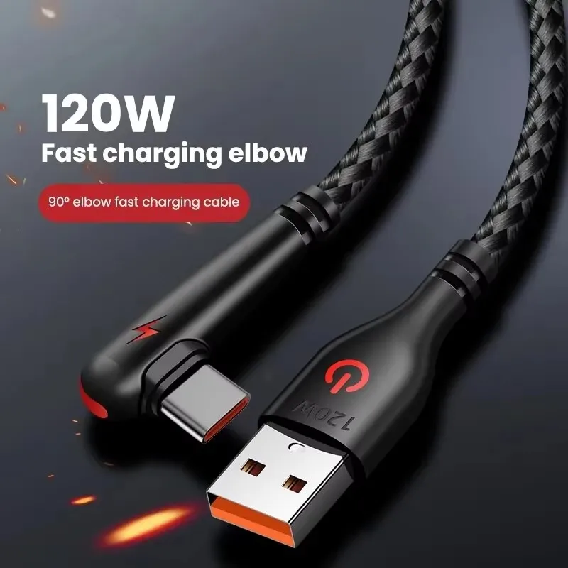 90 Degree Elbow Type C USB Fast Charging Cable For Xiaomi Redmi POCO Huawei Honor OPPO Realme OnePlus Type-C Nylon Braided Cable