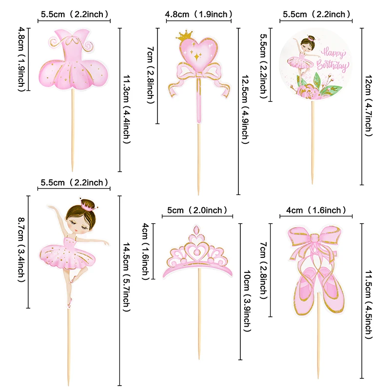 Pink Ballerina Girl Cake Topper Toppers Crown Dress Kids Happy Birthday Wedding Party Baby Shower Baking Cake Dessert DIY Decor