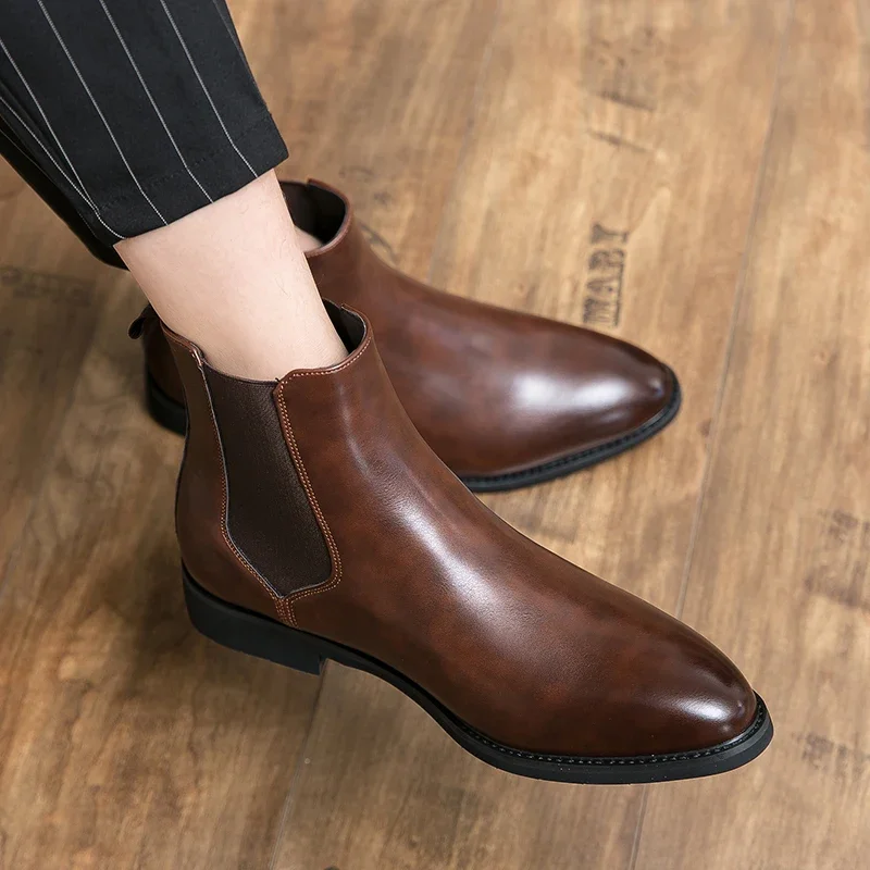 Fashion Pointed Toe Men Chelsea Boots Designer Italy Business Office Ankle Boots Dress Shoes Sapato Masculino Big Size 48