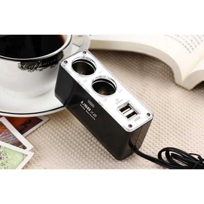 60W 2-Way Cigarette Lighter Splitter - 2 USB 12V/24V 61cm Cable LED Indicator Black Car Charger
