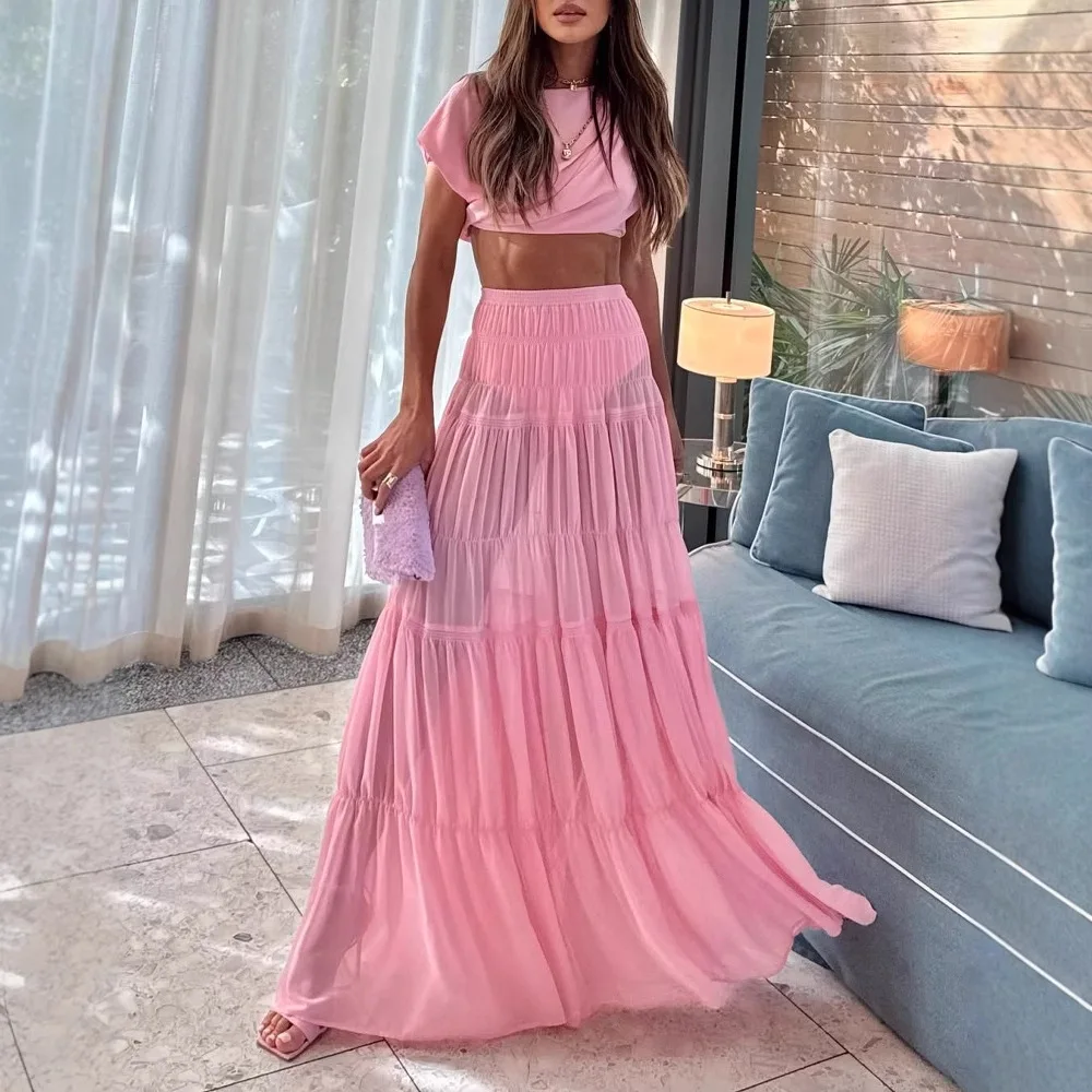 

2025 new round neck pleated top pink patchwork long skirt two-piece suit