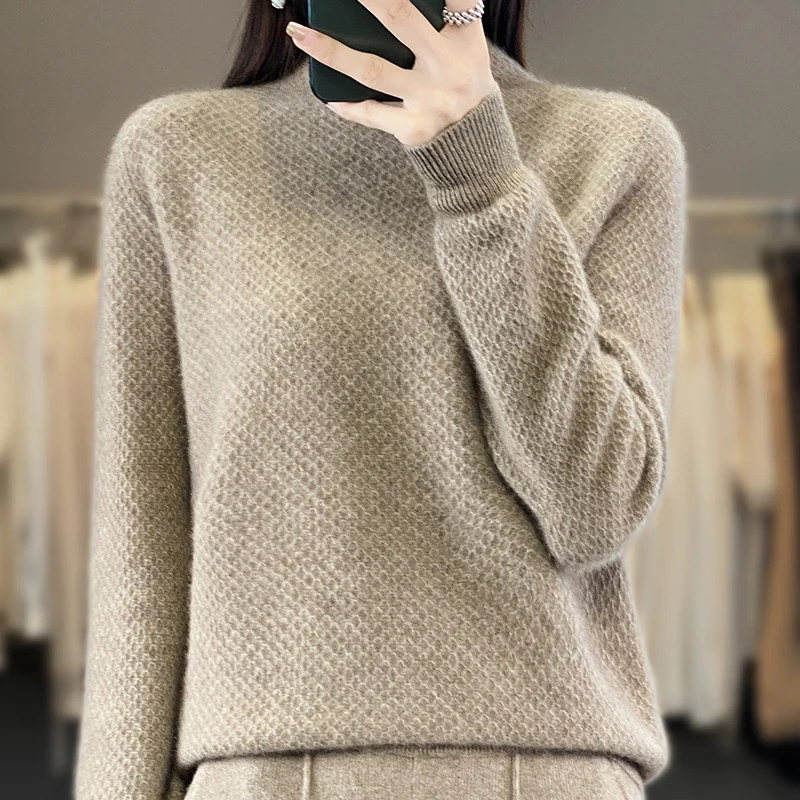 

Women's 100% Merino Wool Top Pullover Sweater With O-Ring Honeycomb Design, Loose And Warm Knit Sweater, Autumn And Winter New