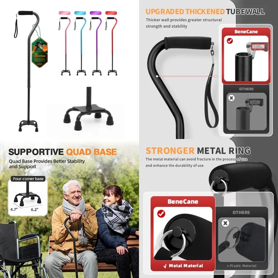 

Quad Cane Adjustable Walking Cane with Offset Soft Cushioned Handle for Men & Women Lightweight Comfortable with 4-Pronged feet for Extra Stability