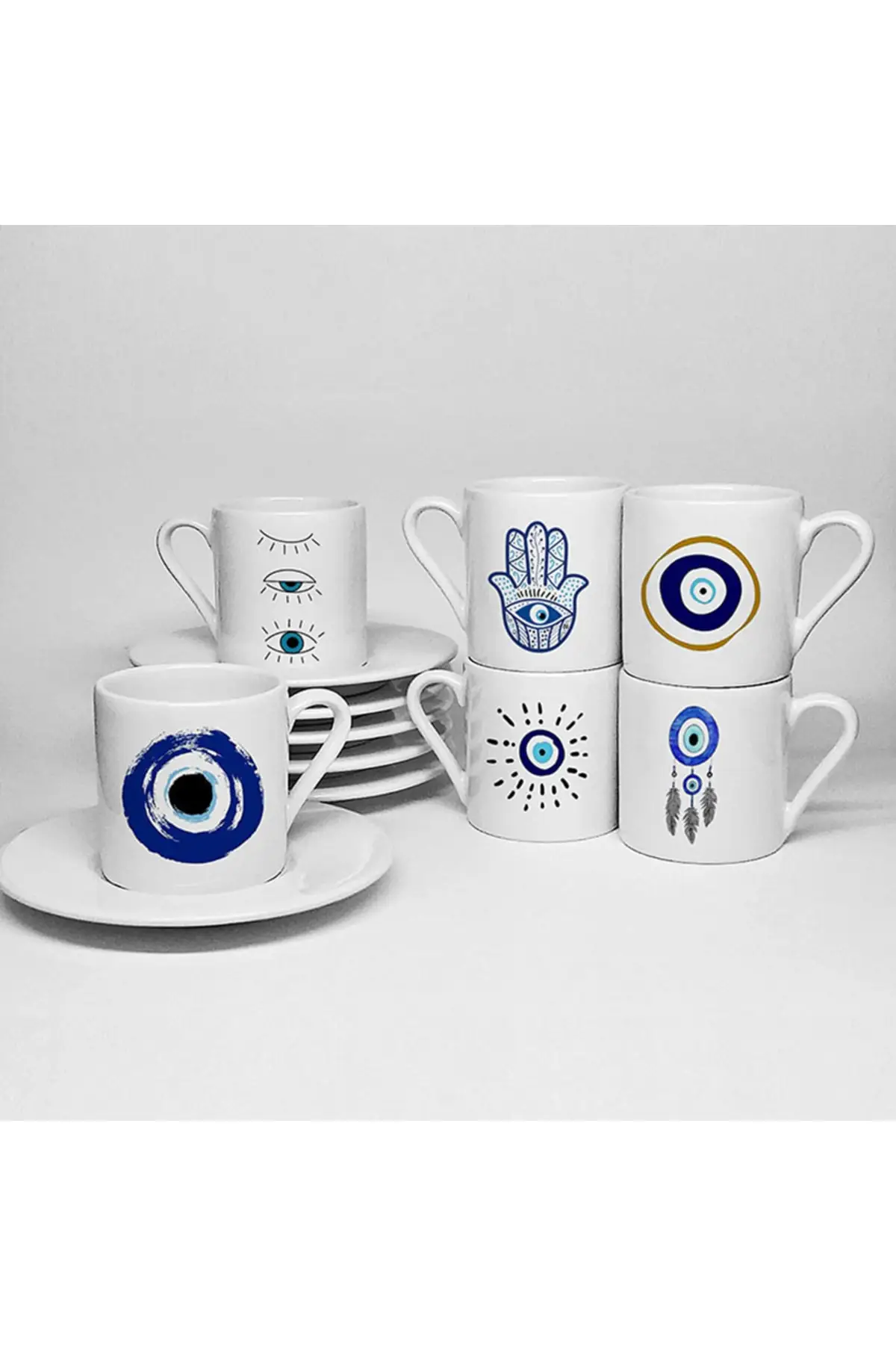 DOLBOVI evil eye themed printed porcelain 6 turkish coffee cup set