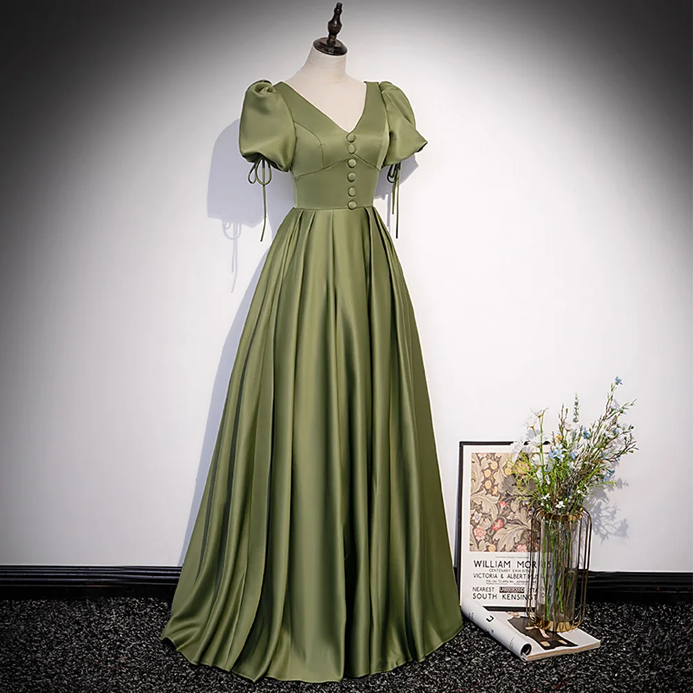 2024 Olive Green Long Prom Dresses with Short Sleeves V Neck A-Line Corset back Evening Gowns Formal Wedding Party Dress