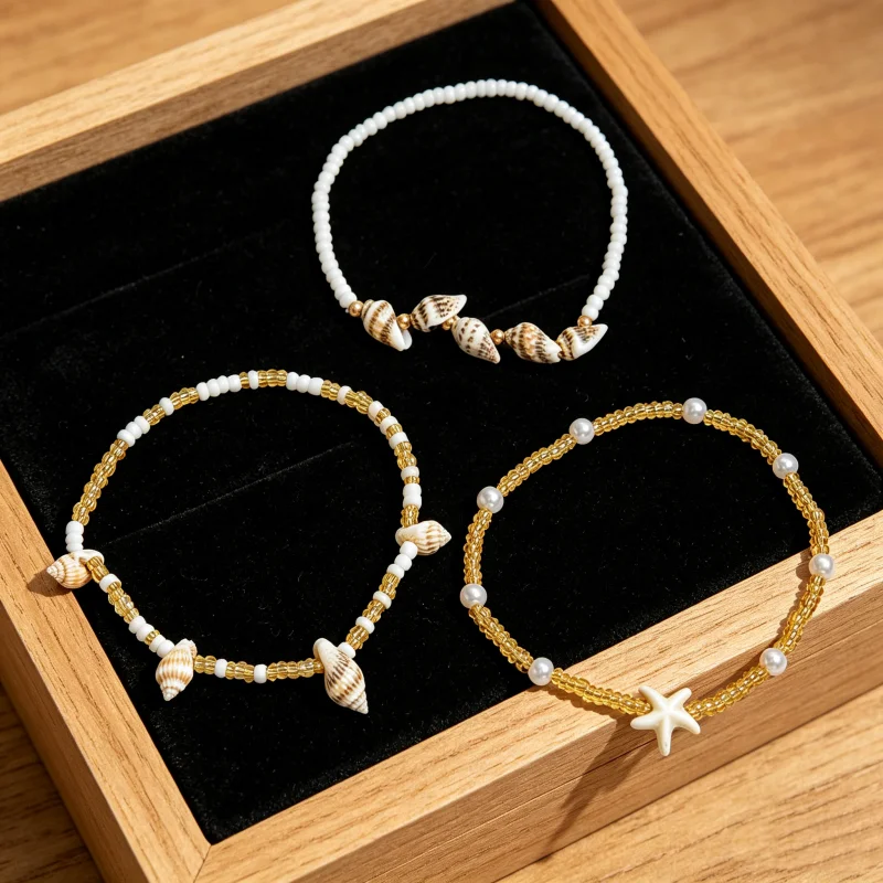 Cute Sea Star Shell Conch Pearl Anklets For Women 3pcs/Set Rice Beads Foot Chain Ankle Bracelet Beach Jewelry Summer Accessories