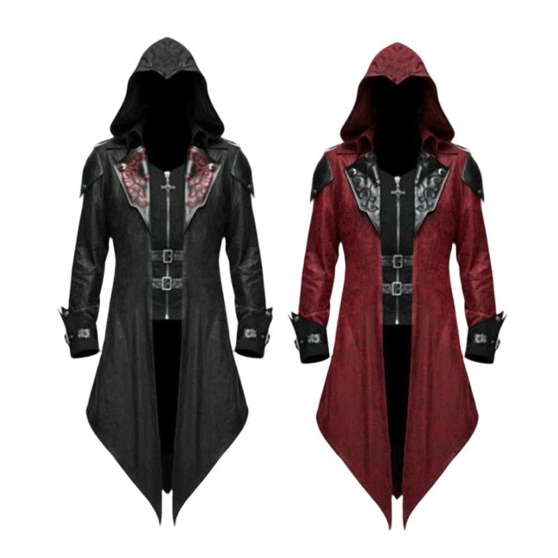 

Assassin Carnival Cosplay Medieval Men Costume Streetwear Patchwork Hooded Jackets Outerwear Costume Vintage Tuxedo Party Outfit