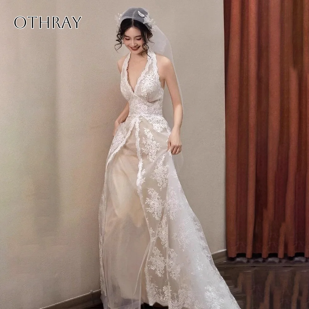 A Line V-neck Wedding Dresses Lace Sweep Train Sleeveless Bridal Gowns For Women Corset Back Customized robe de marié