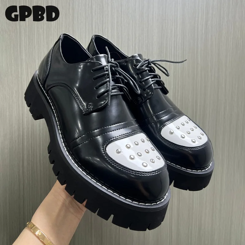 

GPBD Men's Business High Class Style 2026 Spring Thick Topped High Heeled Nail Derby Shoes with Sewn on Thread Design