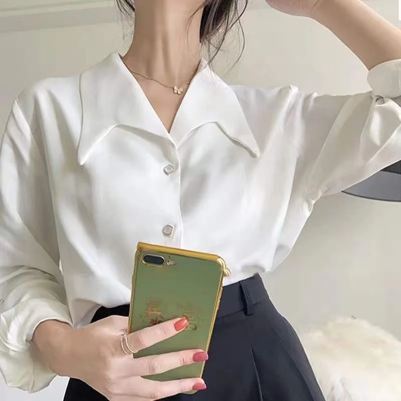 French Style Turn Down Collar Chiffon White Shirt Spring Professional Commuting Formal Tops Elegant Solid Color Blouse Blusas