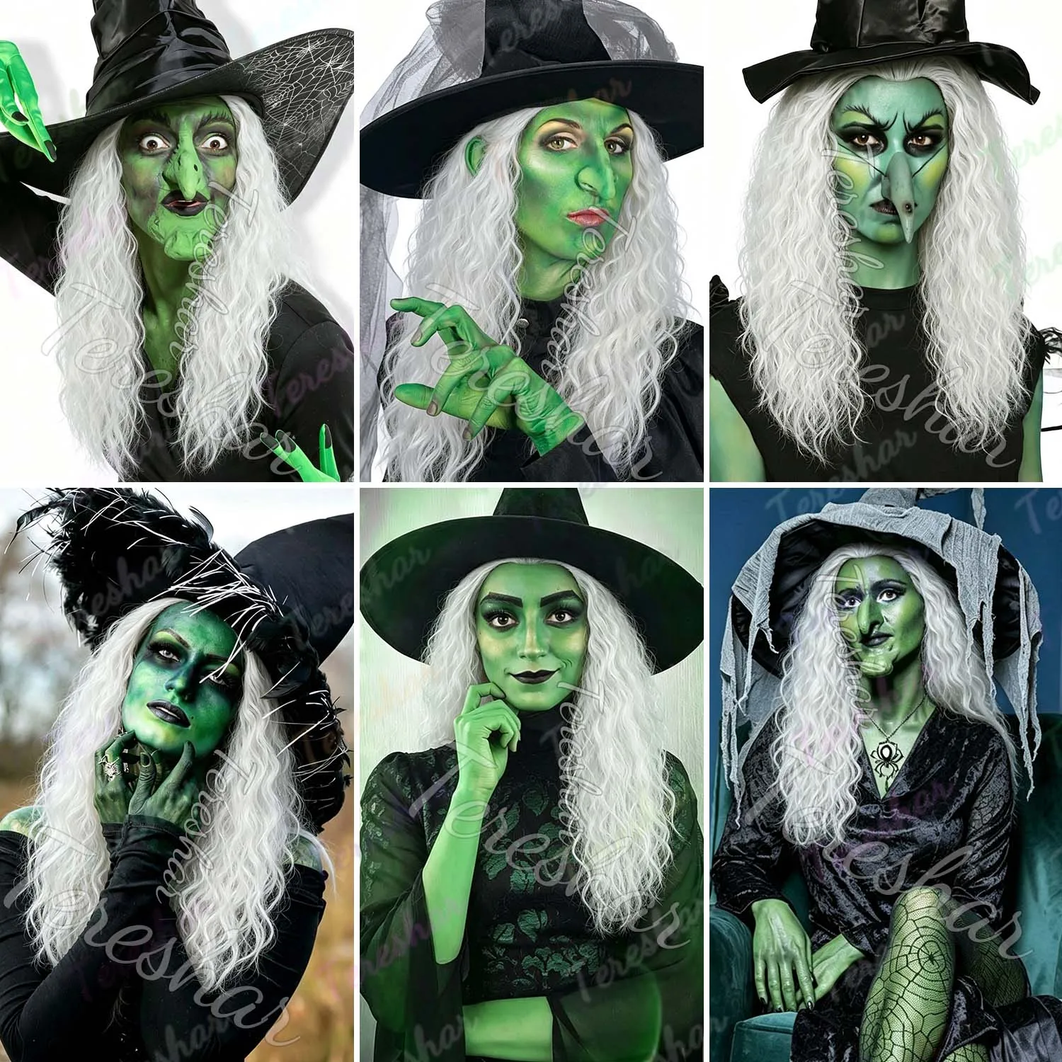 Synthetic Grey and White Witch Costume Wig Old Lady Wig for Women Long Curly Mad Funny Wigs for Party Halloween Anime Cosplay