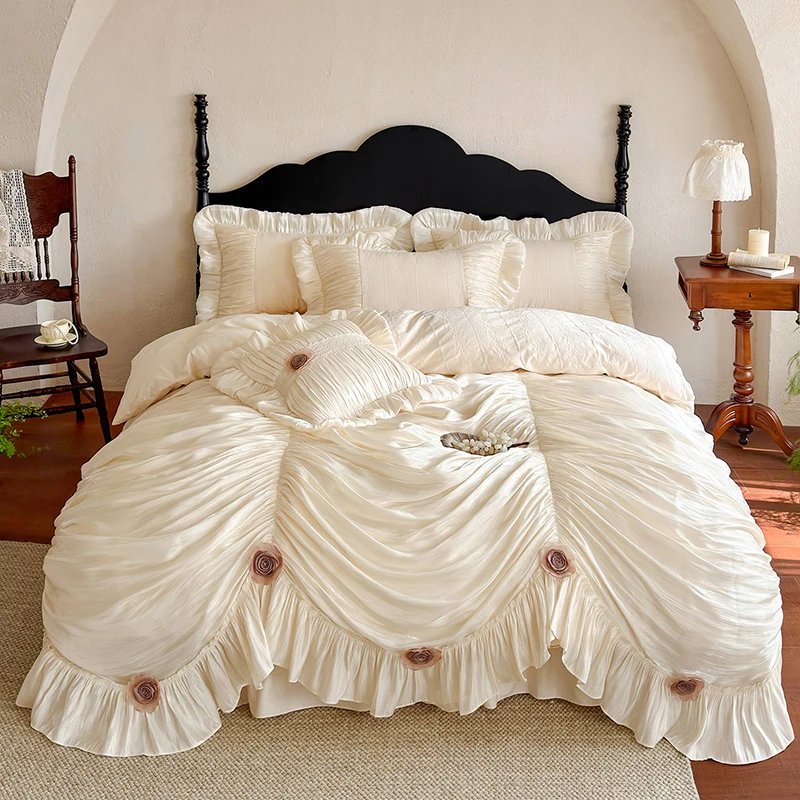 100% Cotton Romantic Princess Wedding Bedding Set 4Pcs Ruffled Bed Skirt with Rose Ornament Ruched Duvet Cover Set for Bedroom