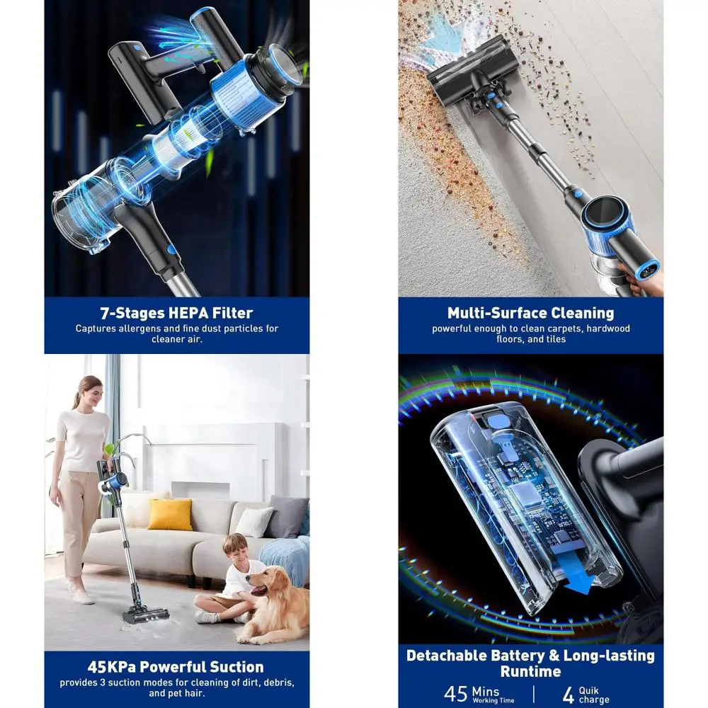 

8-in-1 Lightweight Vacuum Cleaner with LED Display, 3 Suction Modes, 45-Minute Detachable Battery for Hard Floors, Carpets, and