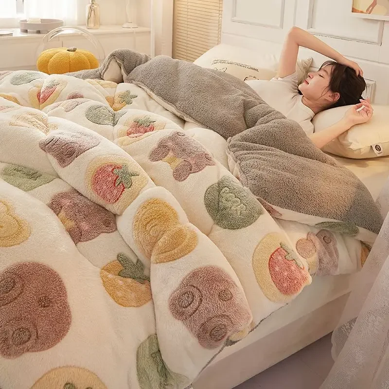 Cartoon Plush Winter Quilts Thickened Double-sided Velvet Cotton Quilt Core Student Dormitory Usage Soft Comfortable Duvets