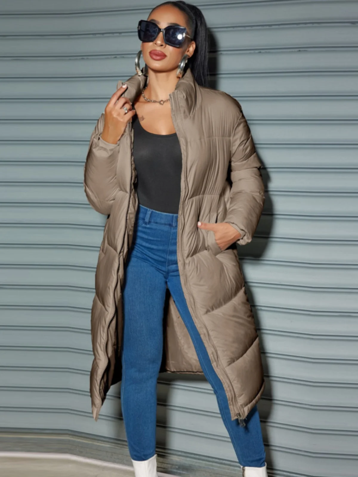 Casaco feminino de inverno Faion com zíper cor pura longo fino ajuste de algodão quente Jaet acima do joelho casaco de algodão Street Sle Thic...