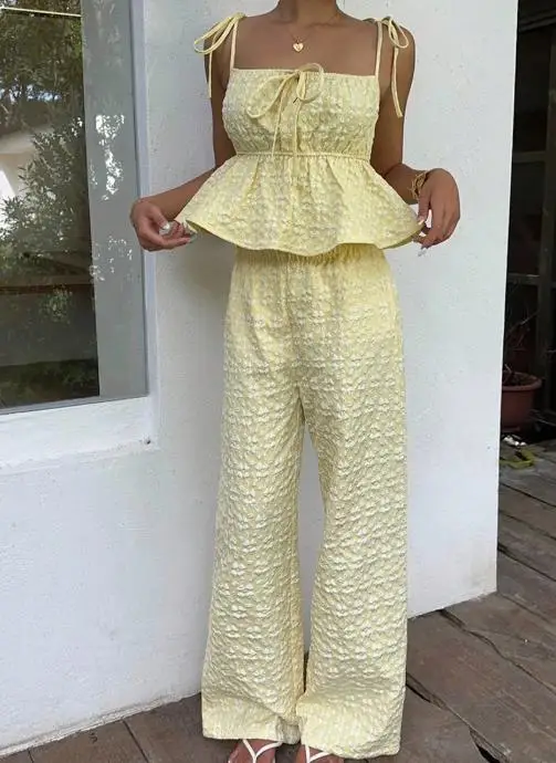 

2025 Summer New Style Small Strap Top Wide Leg Straight Pants Set Women's Clothing