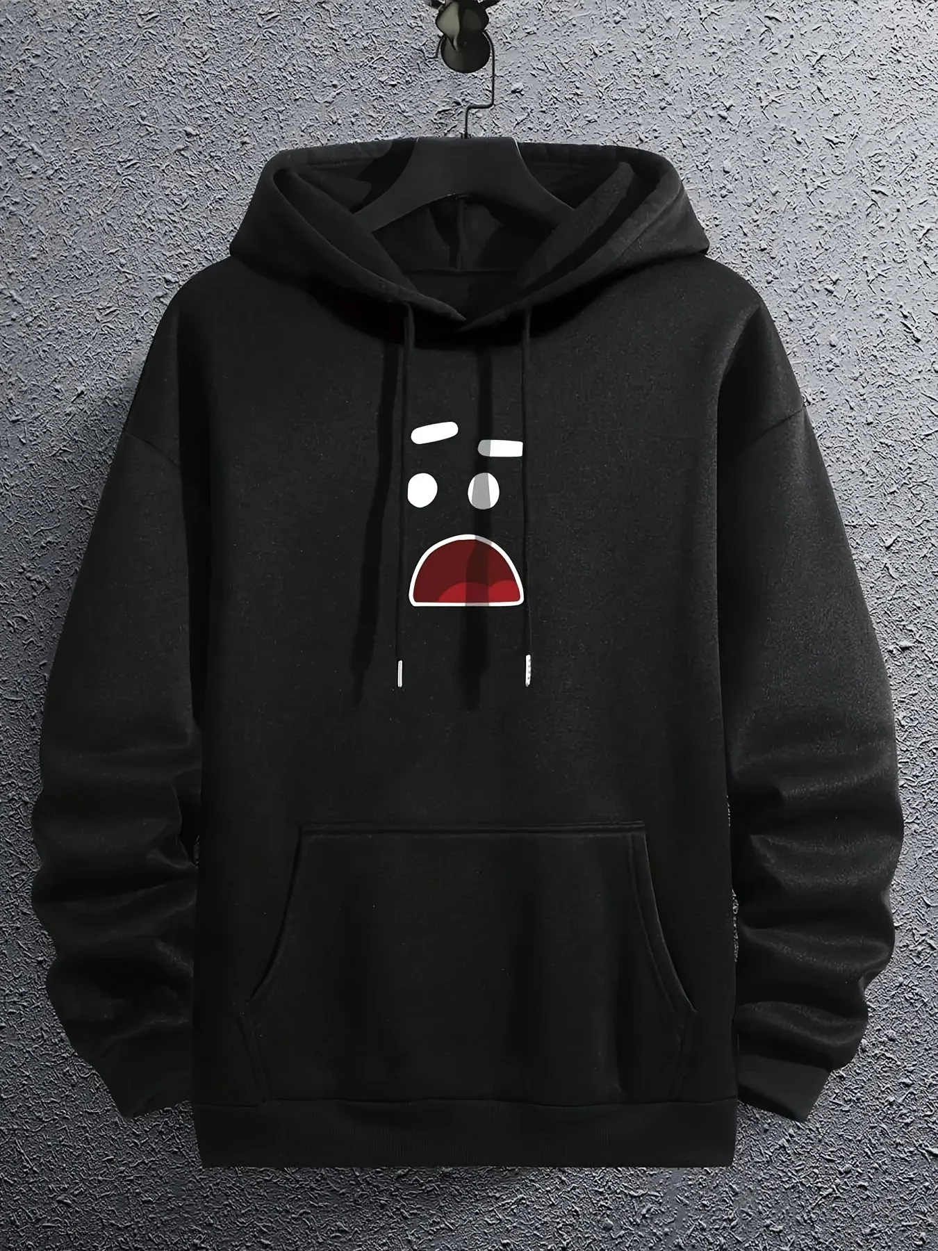 Funny and quirky men's hip-hop sport hooded sweatshirt with simple surprised expression print and loose casual hooded shirt