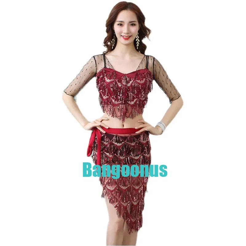 Belly Dance New Spring Summer Top Skirt Set Sexy Female Adult Sequined Fringed Skirt Suit Exercise Suit Oriental Dance Costume