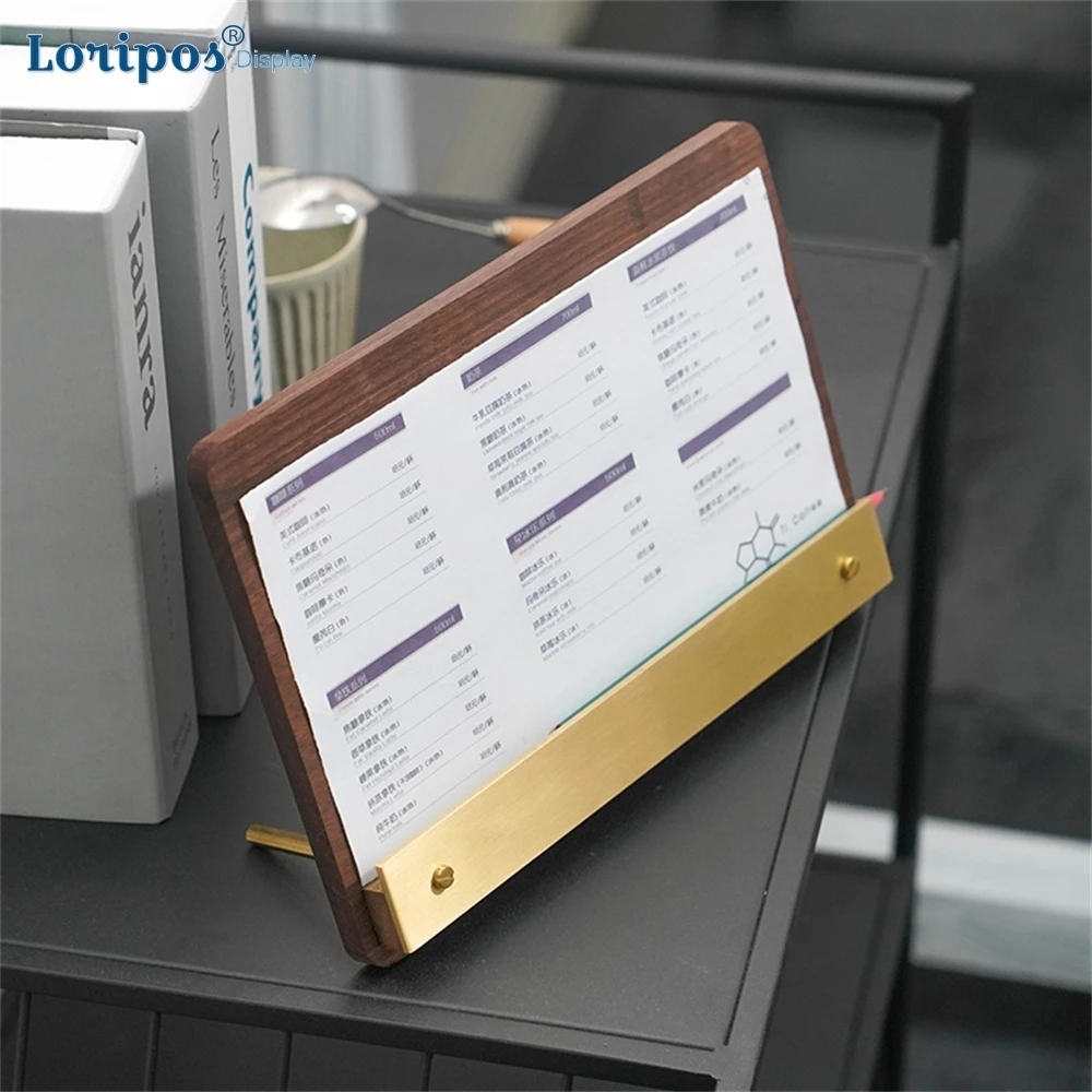 

Walnut Brass Vertical Engraving Table Wedding Menu Board Holder Hotel Restaurant Solid Wood Product Price Order Display Clip