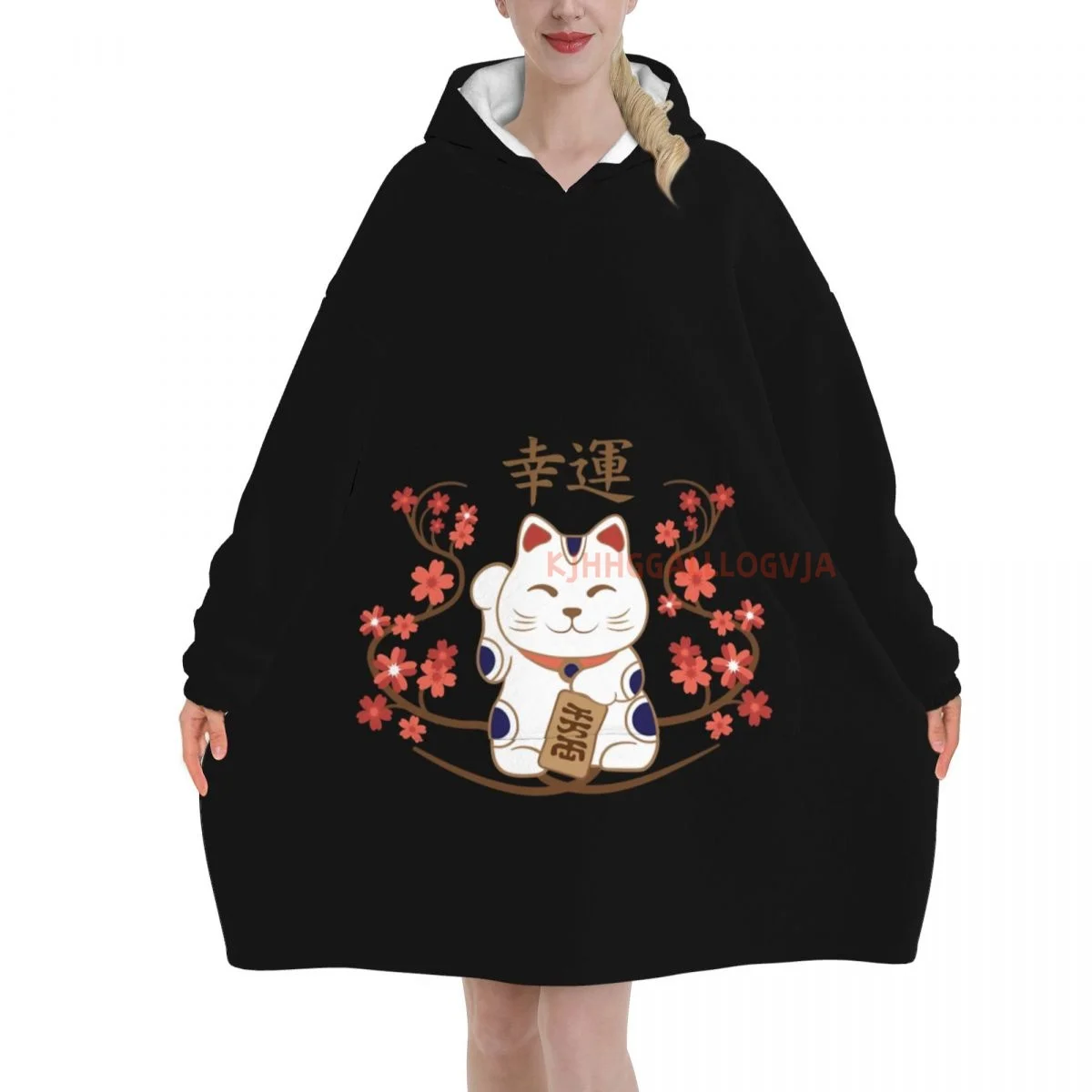 Japanese-Lucky-Cat Wearable Flannel Blanket Hoodie Oversized Hooded Blanket Pullover Sweatshirt Fleece Sherpa Blankets